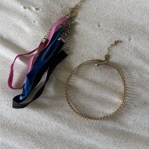 Gold Chain Necklace and Multicolor Ribbon Chokers